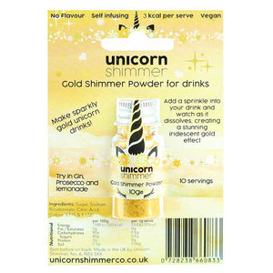 unicorn shimmer gold shimmer powder for prosecco, gin, lemonade and drinks