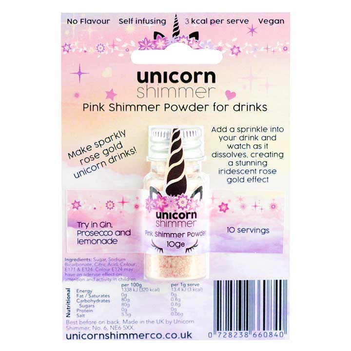 rose gold pink unicorn shimmer powder for drinks, prosecco, gin, cocktail making